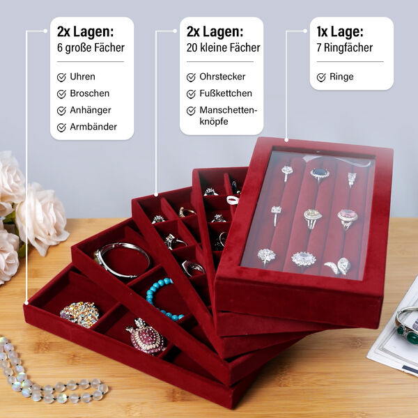 5-lagige stapelbare 26x15x14,5 cm Schmuckbox mit 5 Silber-Poliert&uuml;chern, Rot image number 3