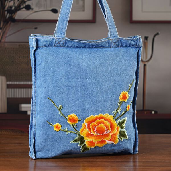 Shoppertasche, 33x35x5cm, Blau, Rosen-Stickerei image number 1