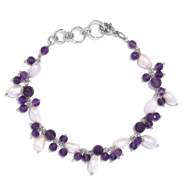 Afrikanisches Amethyst und weißes Süßwasser Perle-Armband, 18,5 cm - 47,76 ct. image number 0
