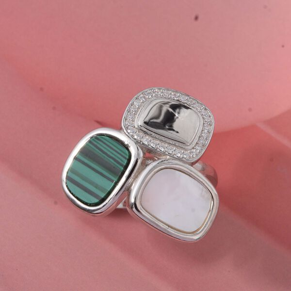 Malachit, Perlmutt und wei&szlig;er Zirkonia Ring image number 1