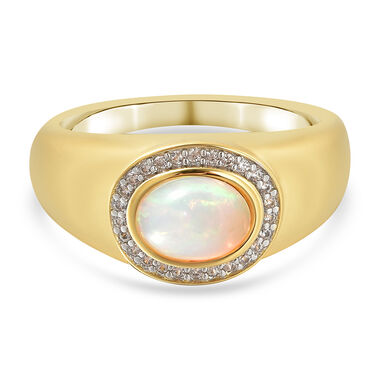 Natürlicher Äthiopischer Opal und Zirkon Ring 925 Silber Gelbgold Vergoldet