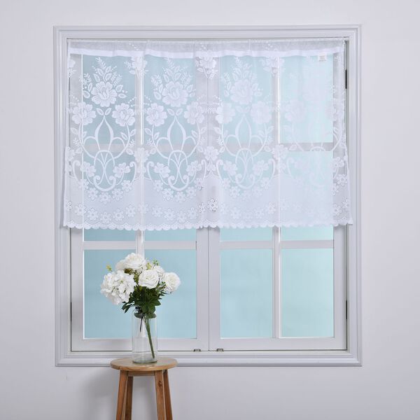 Gardinen mit verstellbarer Metallstange, gestrickter Stoff, 145x90cm, gewebt, wei&szlig;, Gro&szlig;e Blumen image number 2