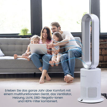 5 in 1 Luftdoktor - Luftreiniger/Ventilator ohne L&uuml;fterfl&uuml;gel mit HEPA Filter, Wei&szlig; und Silber