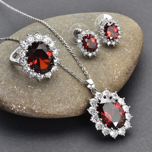 3er-Set- Roter und wei&szlig;er Zirkonia-Ring, Anh&auml;nger und Ohrringe - 27 ct. image number 2