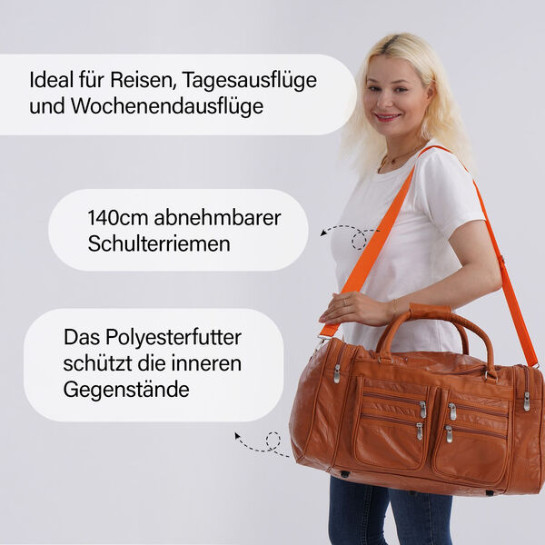 Patchwork-Reisetasche aus Schafleder mit 6 Au&szlig;entaschen und Schulterriemen, 51x29x28 cm, Hellbraun image number 5