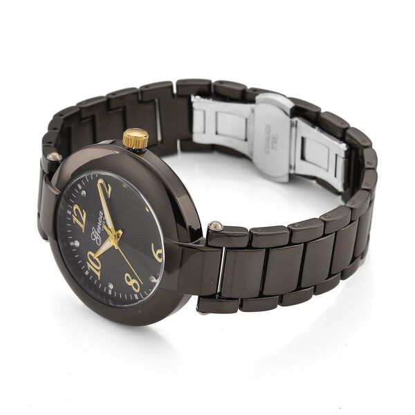 GENOA TIME V2 Uhr mit Japanischem Miyota 2035 Werk, Zifferblatt Schwarz mit Prägemuster und Weißen Kristallen, Edelstahlarmband Schwarz, 3 ATM wasserdicht image number 5