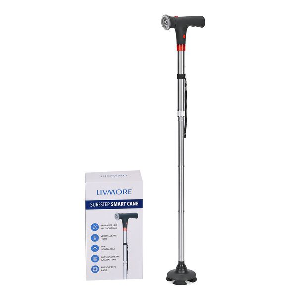 Faltbarer Smart-Gehstock mit LED Licht und Alarm, Belastbarkeit 113 KG, Grau, Ben&ouml;tigt 2xAAA-Batterien (nicht im Lieferumfang enthalten)