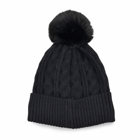 Strickmütze mit Bommel, weiches Mischgewebe, Einheitsgröße, Tiefschwarz