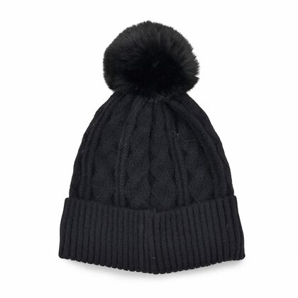 Strickm&uuml;tze mit Bommel, weiches Mischgewebe, Einheitsgr&ouml;&szlig;e, Tiefschwarz