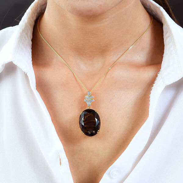 Rauchquarz und wei&szlig;er Zirkon Anh&auml;nger mit Kette, 925 Silber vergoldet ca. 41.29 ct image number 1