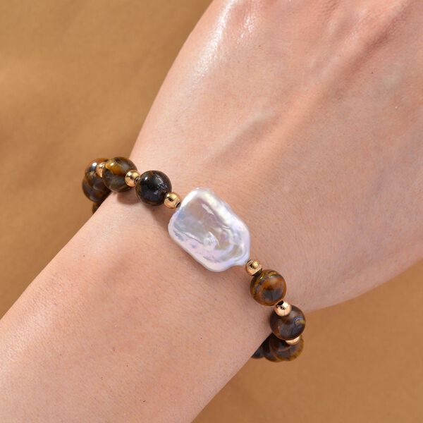 Tigerauge, Weiße Keshi Perle Armband, ca. 18cm mit 5cm extender, Reine Legierung goldfarben image number 2