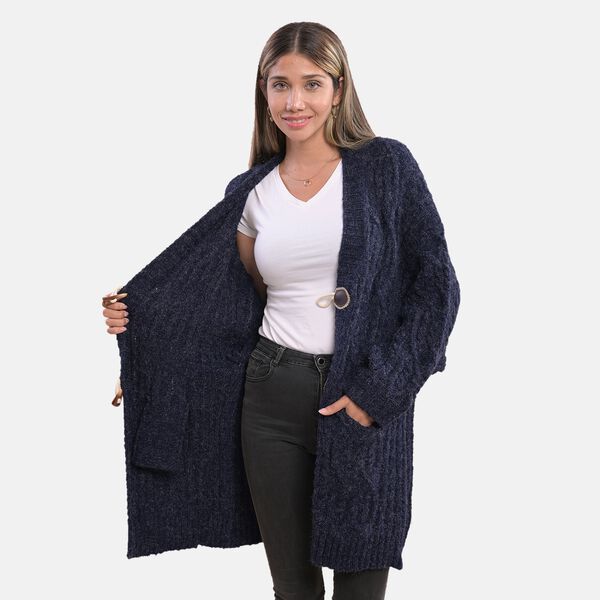 LA MAREY lange Strickjacke mit Kn&ouml;pfen, Einheitsgr&ouml;&szlig;e Dunkelblau image number 3