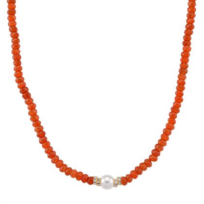 Muschelkernperle-Halskette mit Orangem Quarzit, verstellbar 40+10cm, goldfarben