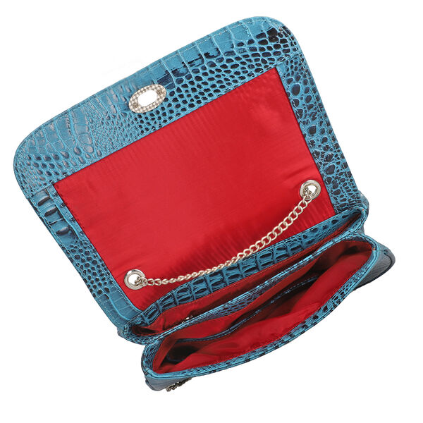 Umh&auml;ngetasche aus echtem Leder mit Kroko-Pr&auml;gung und Kettenriemen, Blau image number 6