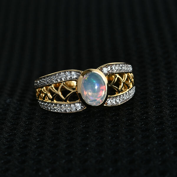 Nat&uuml;rlicher &Auml;thiopischer Opal und Zirkon Ring 925 Silber Gelbgold Vermeil image number 2