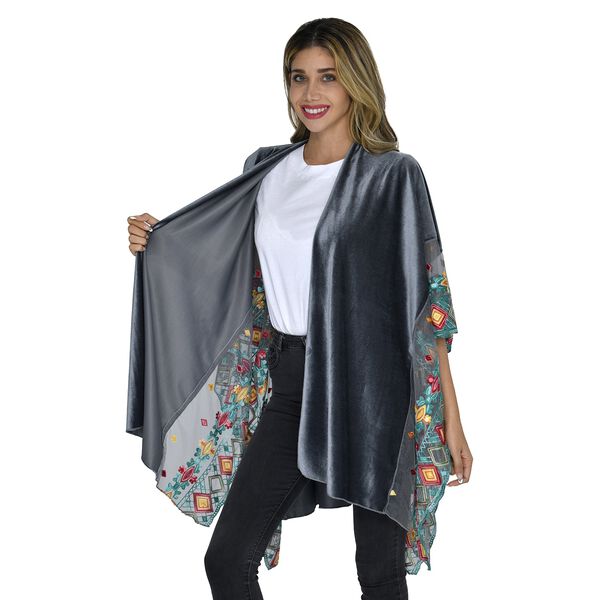 TAMSY - Kimono aus Samt mit Blumenstickerei, Einheitsgr&ouml;&szlig;e Grau image number 4