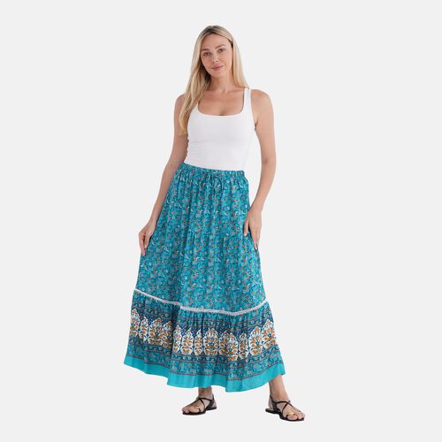 Maxirock mit floralem Print und elastischem Bund, 90 cm Länge, 100% Viskose, Einheitsgröße, Blau
