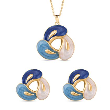 2er-Set Emaille-Anh&auml;nger mit Kette und Ohrsteckern, abstraktes Design, Blau-Wei&szlig;