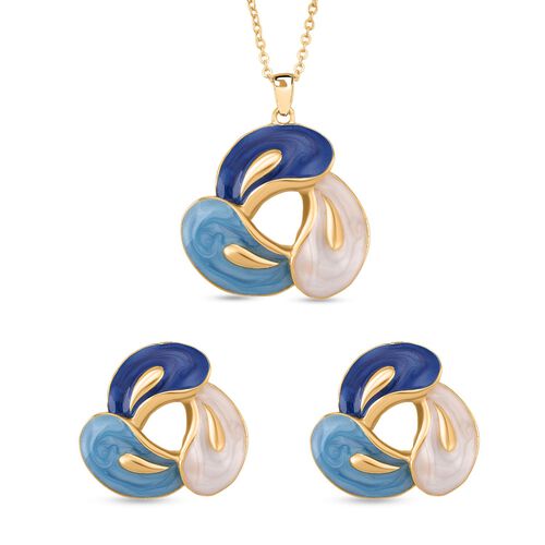 2er-Set Emaille-Anhänger mit Kette und Ohrsteckern, abstraktes Design, Blau-Weiß image number 0