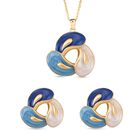 2er-Set Emaille-Anhänger mit Kette und Ohrsteckern, abstraktes Design, Blau-Weiß