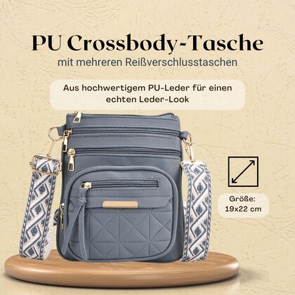 Crossbody-Tasche mit mehreren F&auml;chern, 19x22cm, Blau-Grau mit gemustertem Schultergurt, blau