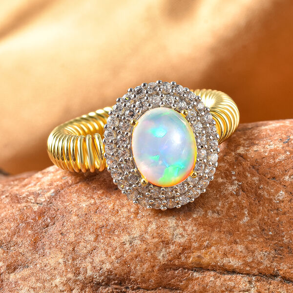 Natürlicher Äthiopischer Opal und Zirkon Halo Ring 925 Silber Gelbgold Vermeil image number 2