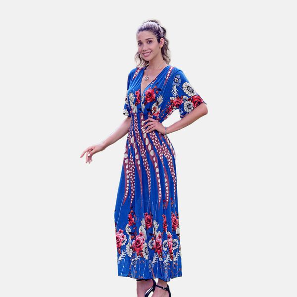 Gesmoktes Maxi-Kleid, Blumenmuster, Blau image number 5