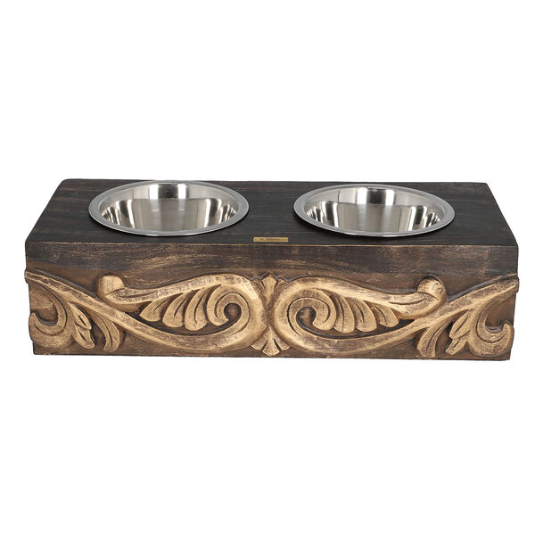 NAKKASHI - Handgeschnitzter Mangoholz Fressnapf mit Edelstahlschalen, 48x20x12,5 cm, Blumen image number 3