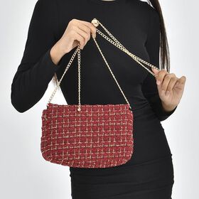 Umh&auml;ngetasche aus 100% echtem Leder mit Boucl&eacute;-Stoff, Burgunderrot