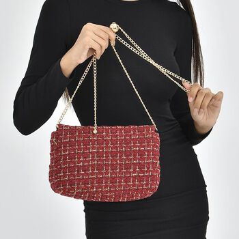 Umh&auml;ngetasche aus 100% echtem Leder mit Boucl&eacute;-Stoff, Burgunderrot