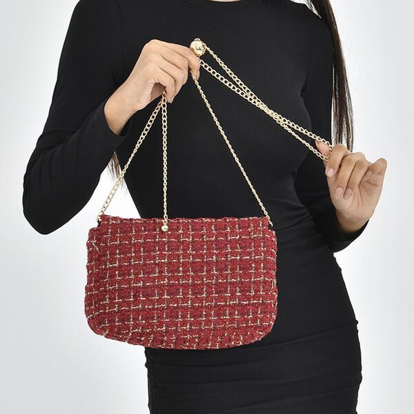 Umhängetasche aus 100% echtem Leder mit Bouclé-Stoff, Burgunderrot image number 3