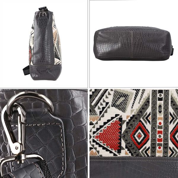 Crossbody Bag mit Krokopr&auml;gung aus echtem Leder und Jacquard mit Laptop-H&uuml;llen, schwarz image number 8