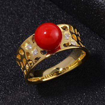 Rote Muschelkernperle, Moissanit Ring 925 Silber vergoldet (Gr&ouml;&szlig;e 18.00)