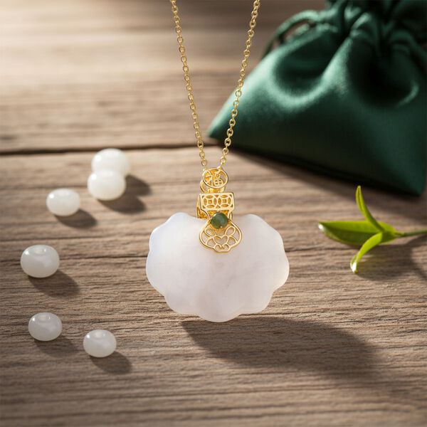 D'Joy Natürliche Weiße Jade Anhänger mit Kette ca. 50 cm, 925 Silber vergoldet ca. 50,00 ct. image number 1