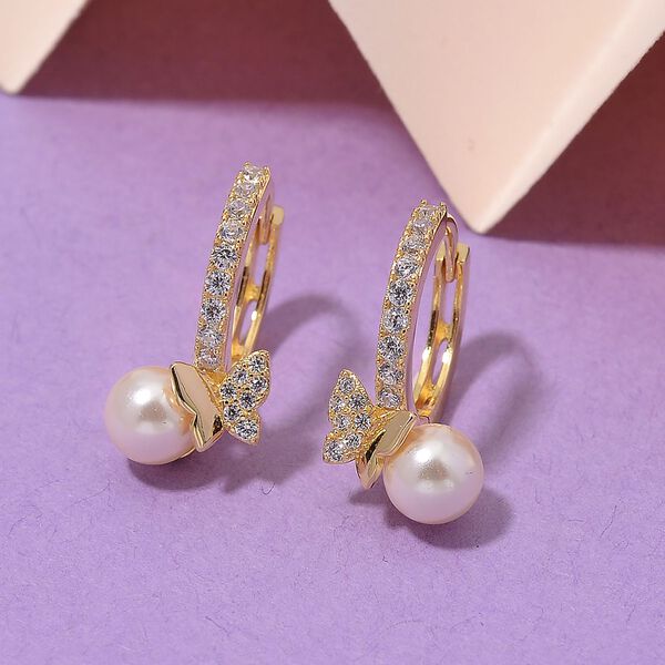 Weiße Zirkonia und Muschelkernperle Ohrringe, 925 Silber vergoldet image number 2