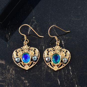 Pfau Quarz Triplette, S&uuml;&szlig;wasser Pfau Perle (4-5mm) Ohrringe Nickelfreies Messing 5.35 ct