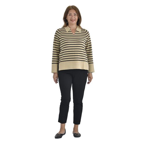 Gestreiftes Stricktop mit V-Ausschnitt, Baumwollmix, One Size, Beige image number 0