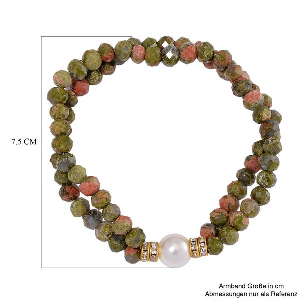 Muschelkernperle-Armband mit Unakit und Wei&szlig;em Kristall, flexibel, vergoldet image number 4