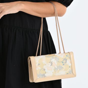 LA MAREY Brokat Crossbody Tasche aus Seide und Echtleder, 23x13x7cm, Beige