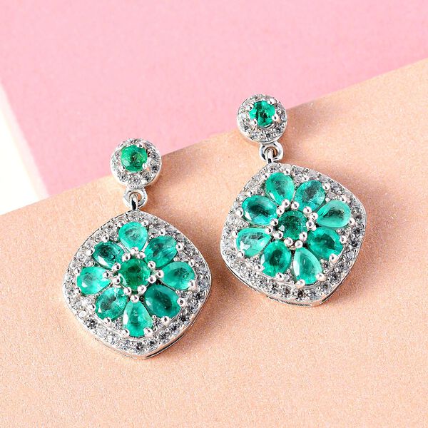 Kagem sambische Smaragd und Zirkon-Ohrhänger, 925 Silber platiniert, 3,78 ct. image number 2