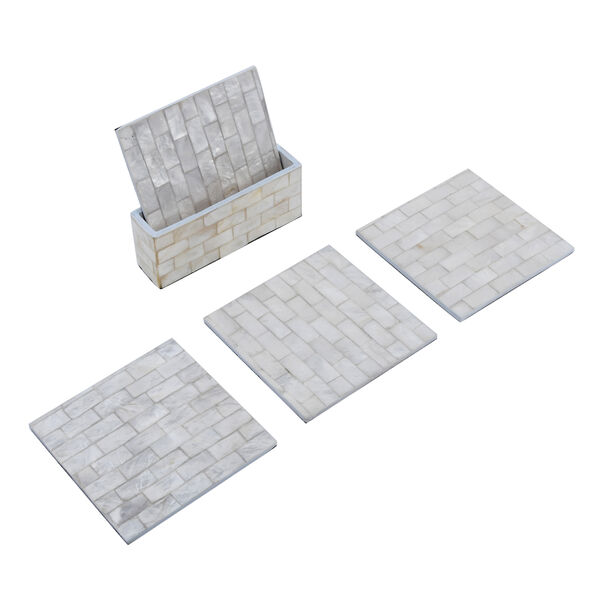 4er-Set Perlmutt Untersetzer mit Halter, Weiß image number 2