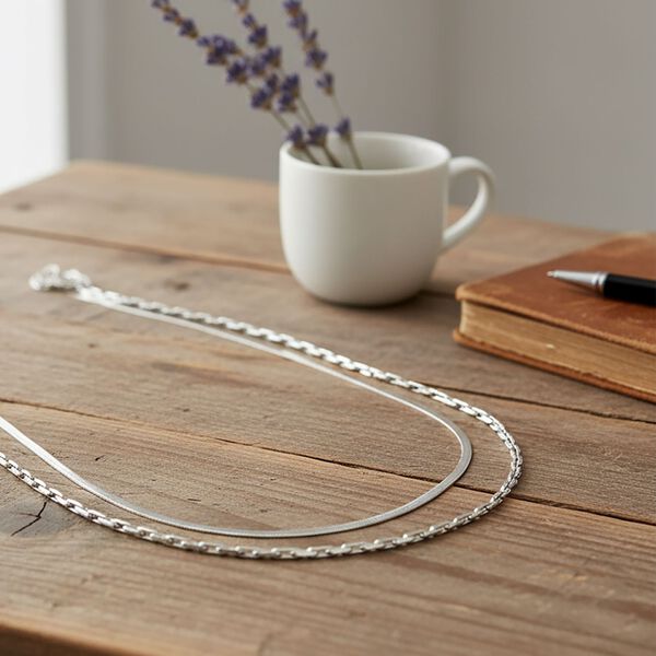 2er-Set Halsketten, Edelstahl, silberfarben, Gliederkette und Schlangenketten-Optik, ca. 50 + 5 cm image number 2