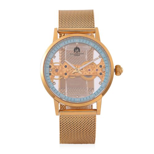 WILLIAM HUNT Wasserdichte Uhr mit Automatikwerk und Netzarmband in Goldton, 24cm image number 0