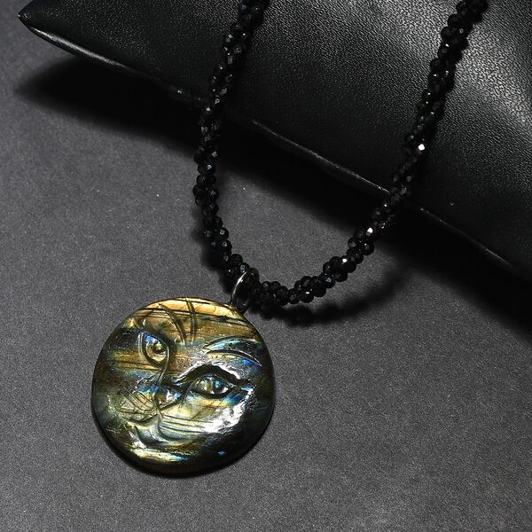 Labradorit und schwarze Spinell-Katze-Halskette, 50 cm - 115 ct. image number 3