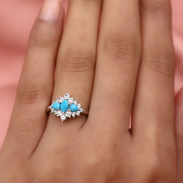 Nat&uuml;rlicher Sleeping Beauty T&uuml;rkis 3 Stein Ring 925 Silber Platin-&Uuml;berzug image number 3