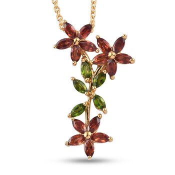 Nat&uuml;rlicher Chromdiopsid und roter Granat Blumen-Anh&auml;nger mit Kette, 45 cm, 925 Silber Ros&eacute;gold Vermeil ca. 1,78 ct