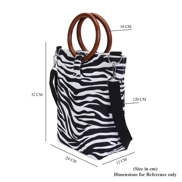 Handtasche mit Holzgriffen, Zebramuster, Schwarz/wei&szlig; image number 3