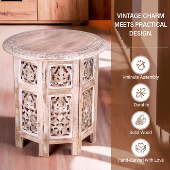 NAKKASHI - handgeschnitzter klappbarer Beistelltisch aus Mangoholz, 45x45x45 cm, wei&szlig;