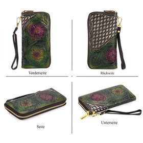 PU-Brieftasche mit gepr&auml;gtem Blumenmuster, 19x2,5x10cm, Gr&uuml;n