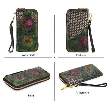 PU-Brieftasche mit gepr&auml;gtem Blumenmuster, 19x2,5x10cm, Gr&uuml;n